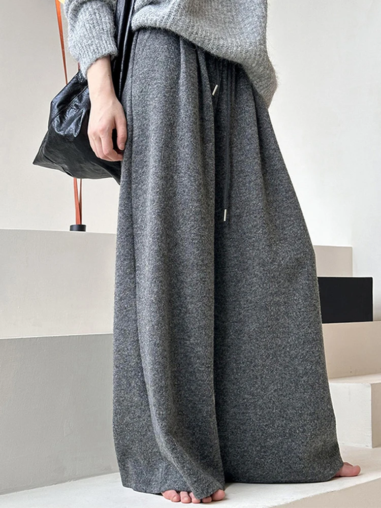 [LANMREM] Casual Loose Drawstring Wide Leg Pants For Women Elastic High Waist Trousers Minimalism 2024 Winter New 26C879