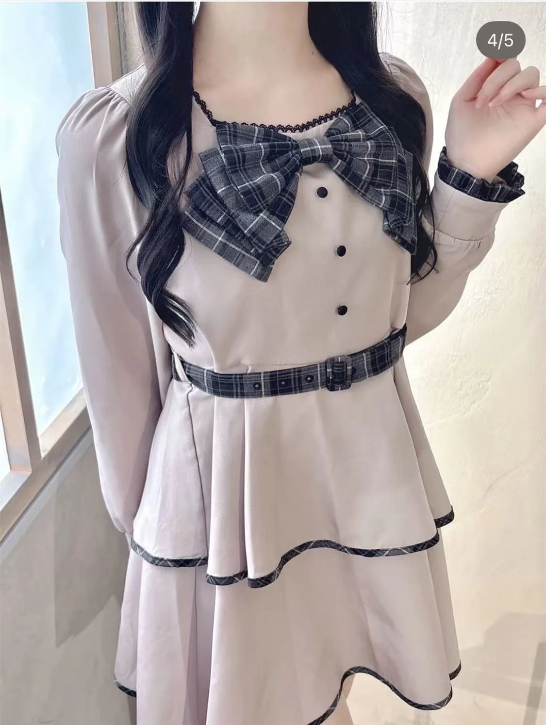 Estilo japonês elegante doce subcultura pescoço quadrado arco manga longa cinto de cintura alta a linha plissado vestido em camadas para mulher outono