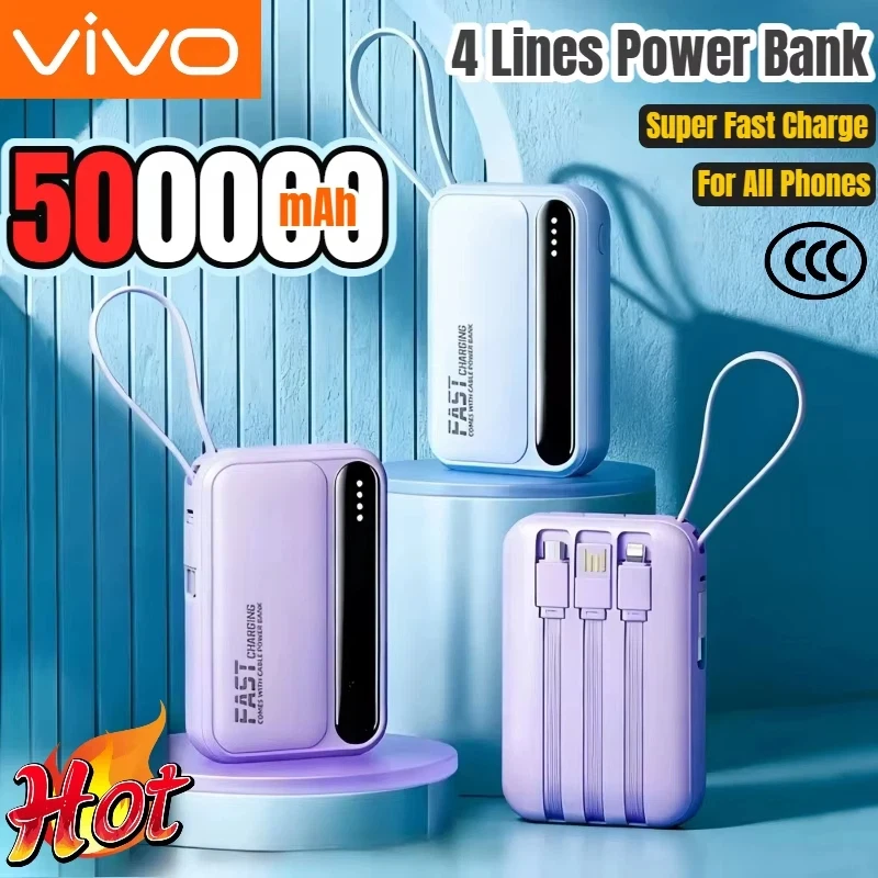 VIVO 50000mAh Capacity Power Bank Fast Charging Mini 4 Cable in 1 Portable External Battery For Android ALL Phones Type C USB