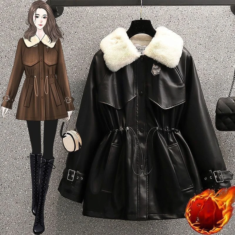 ฤดูหนาวคุณภาพสูงและระดับรูปลักษณ์สูงผู้หญิงรักษาความอบอุ่นพี่สาวอ้วนเอวกำมะหยี่หนาแจ็คเก็ตหนังใหม่