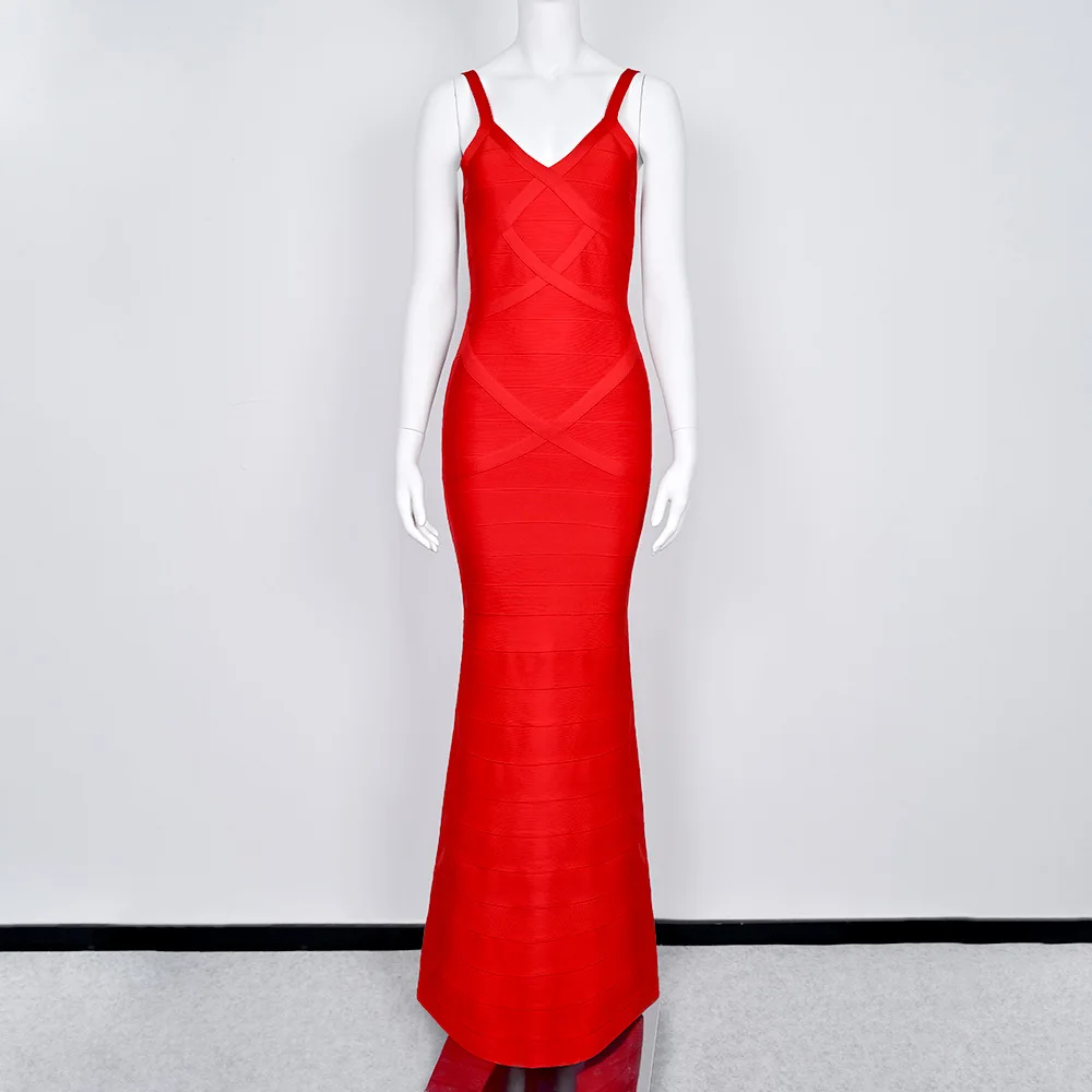 Elegant Red V Neck Mermaid Bandage Maxi Dress Sleeveless Backless Cross Stripes Slim Fit for Celebrity Wedding Party
