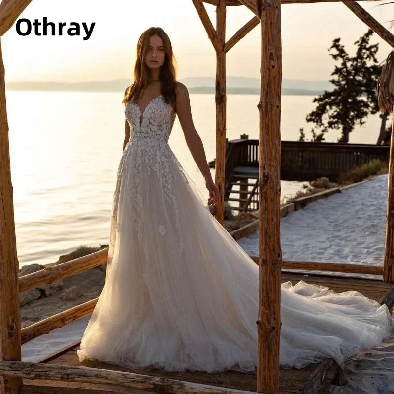 Othray Boho Appliqués Tulle Wedding Dress Spaghetti Strap Backless Beach Wedding Dress Princes Bridal Gown vestidos de novia