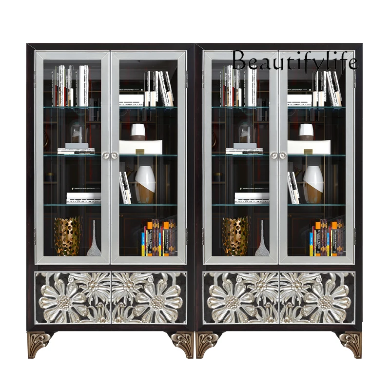 Light luxury bookcase Solid wood storage Bookshelf Study integrated floor with glass door Display locker