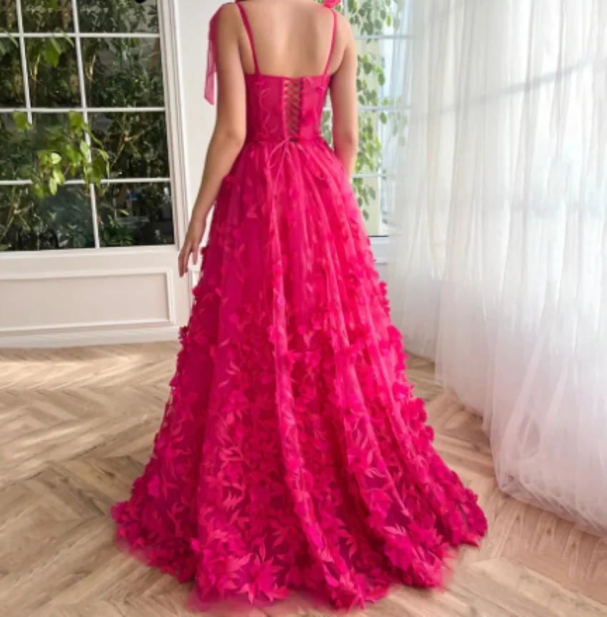 Applique 3D Fuchsia Flowers Prom Dresses Floor Length Celebrity Dresses Custom Sweetheart Evening Party Gowns with Slit