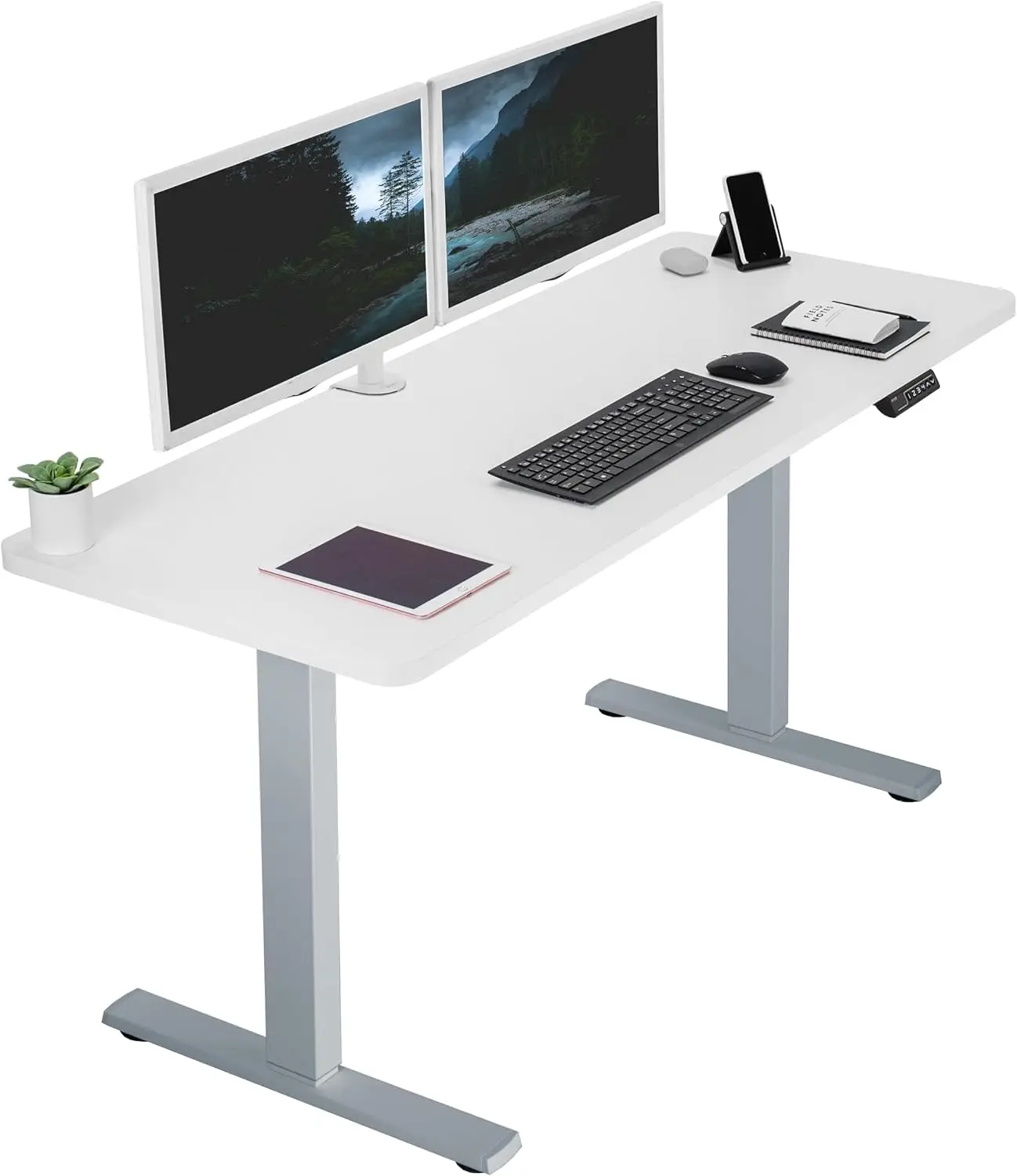 

60 x 24 inch vertical desktop workstation, storage controller height adjustment, integrated white desktop, gray frame