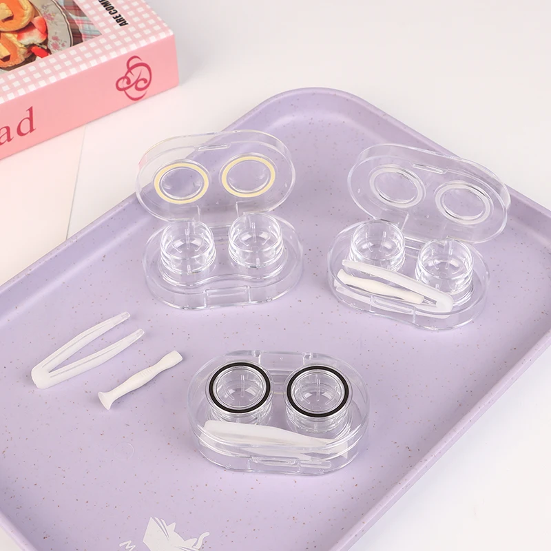 Mini Plastic Contact Lens Cases With Tweezers Remover Tools Oval Transparent Outdoor Portable Eye Contacts Box For Travel Home