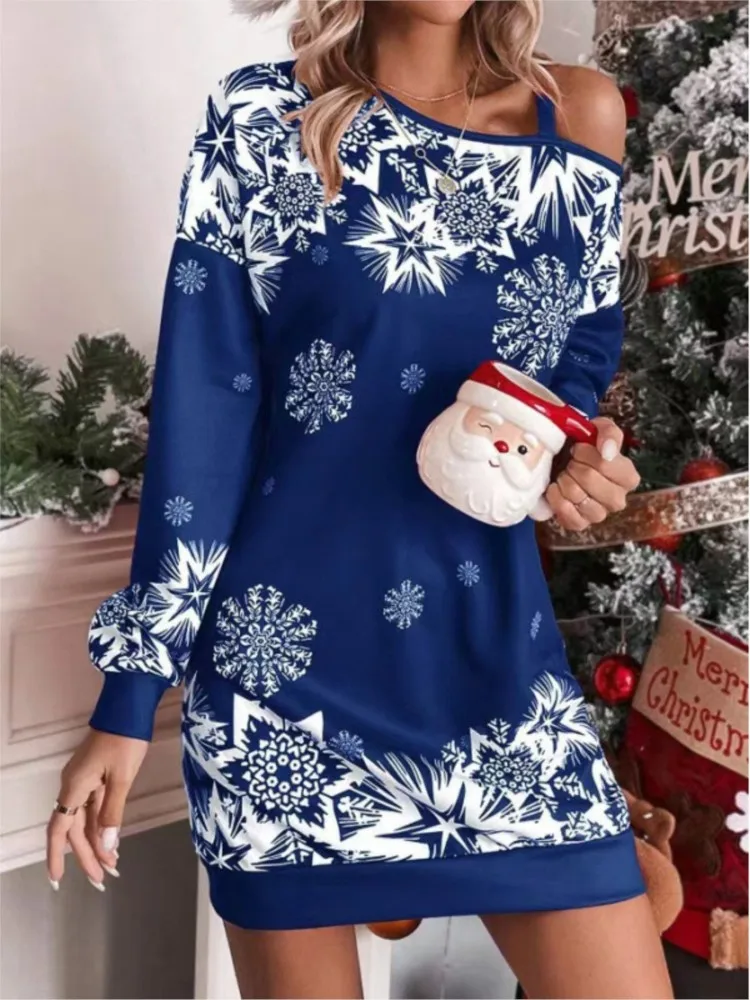 

Winter New Christmas Snowflake Print Off Shoulder Package Hip Dress Woman Fashion Long Sleeve Loose Party Mini Dresses For Women
