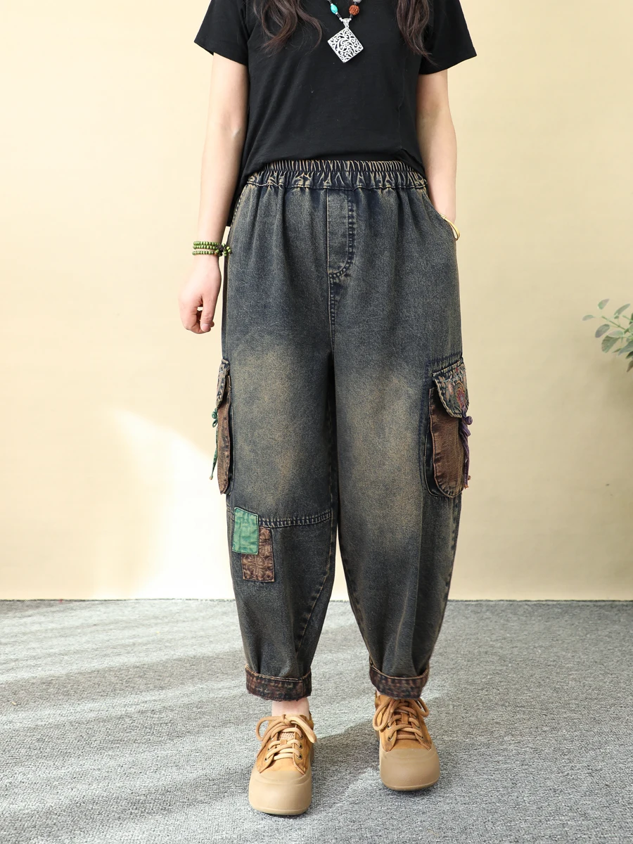 Pantalones vaqueros bordados con parche de bolsillo estampado de estilo étnico Vintage para mujer pantalones bombachos recortados bordados sueltos primavera