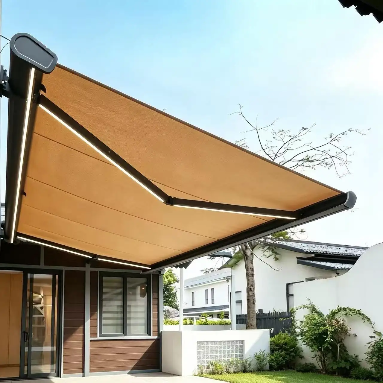 Factory Made Affordable Outdoor Sunshade Fashion Aluminum Frame Acrylic Rainproof Awning APP Activation Intelligent Canopy