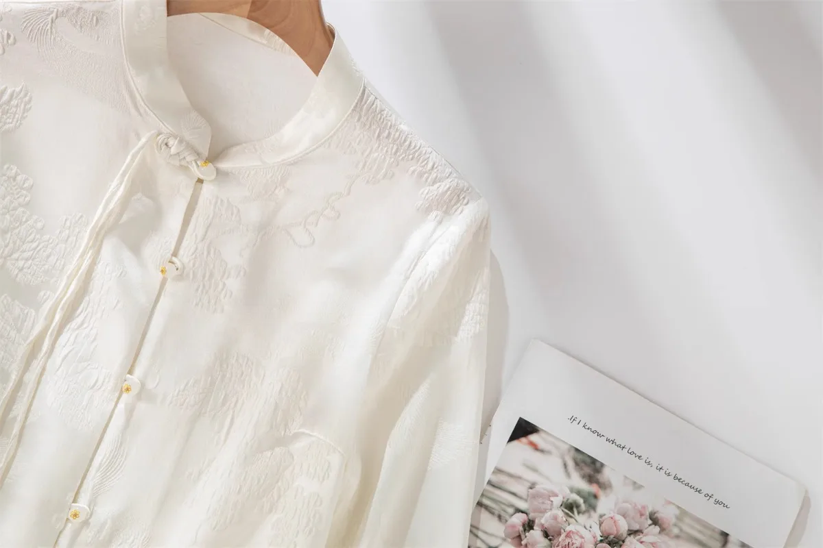 2025 Women's Fashion Spring New 93% Natural Mulberry Silk Crown Le Satin Jacquard New Chinese Long Sleeved Women's Shirt