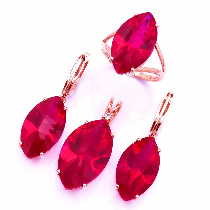 Classic craftsmanship 585 purple gold 14K rose gold inlaid marquise-shaped ruby ladies jewelry sets simple charm ring earrings