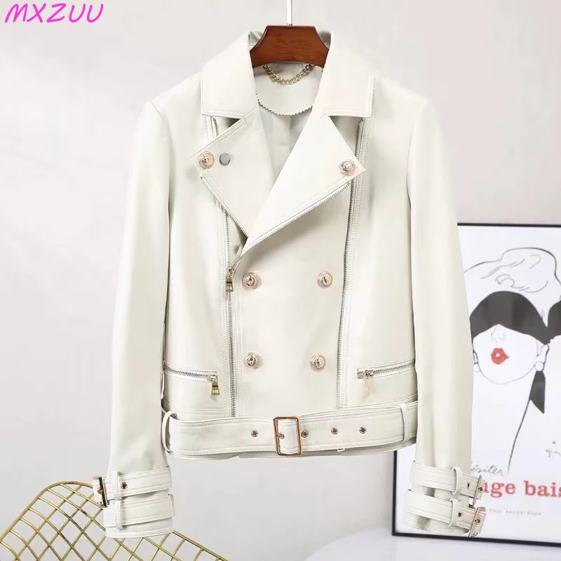 Black/White Locomotive Jacket Fashion Casacos Femininos Inverno Sheepskin Double Breasted Zipper Suit Collar Pure Leather Tops