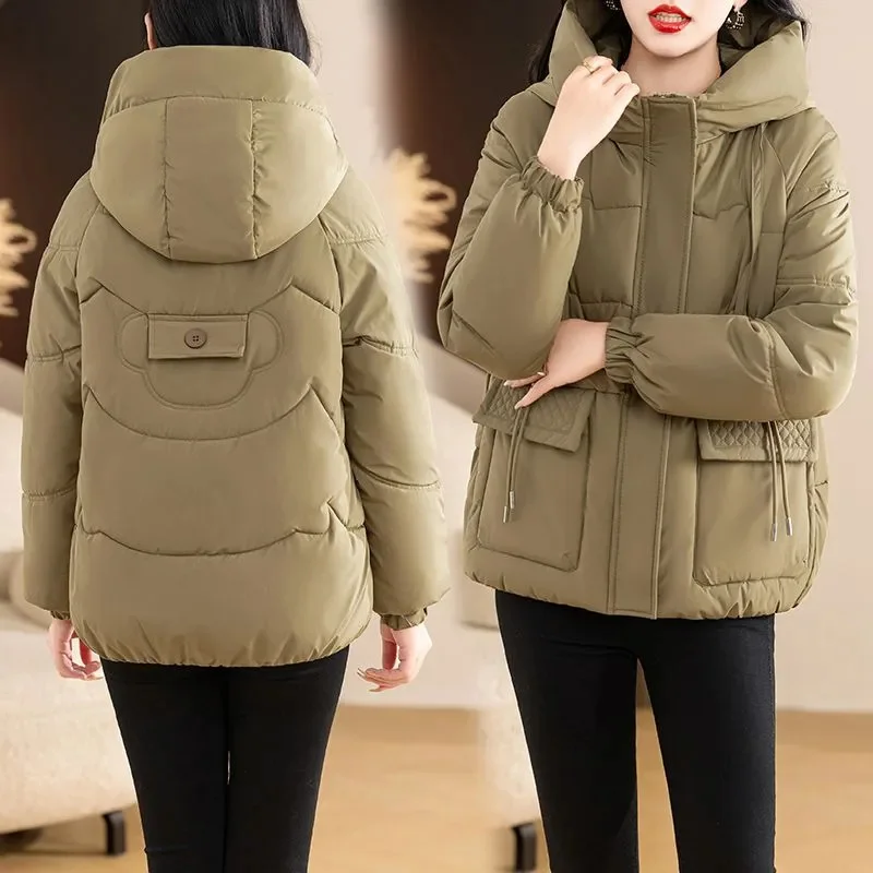 Jesienno-zimowa nowa krótka kurtka puchowa ocieplana watą, parki damskie, modna gruba ciepła kurtka watowana z kapturem, odzież wierzchnia, damska bluzka