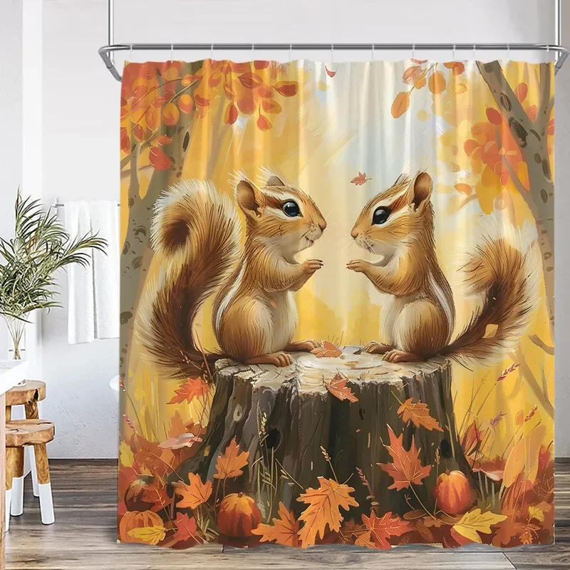 Autumn Harvest Season Shower Curtain Pumpkin Sunflower Corn Squirrel Fall Country Bathroom Decor Orange Polyester Bath Curtain