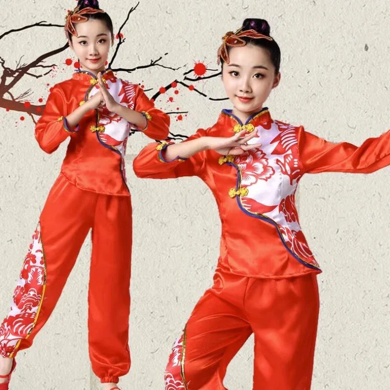 Costume de danse folklorique traditionnelle chinoise Yangko pour femme, éventail féminin, danse nationale Hanfu, taille rouge classique, tambour