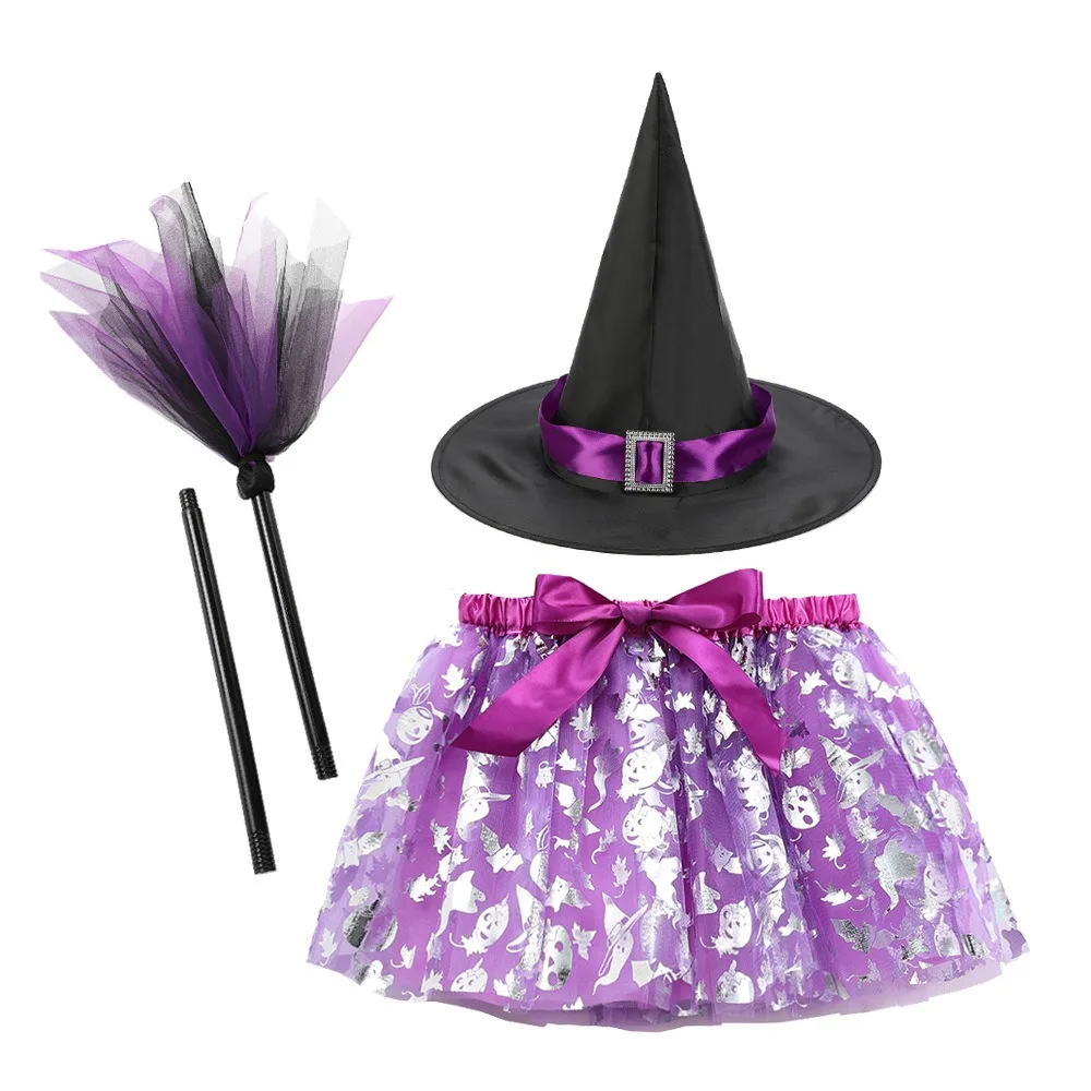

3Pcs/set Wizard Childern Halloween Costumes Broom Bright Color Kids Witch Dress Set Costume Cosplay Props Pointy Hat