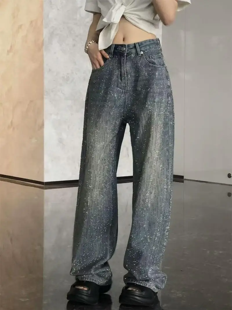 미국 스타일 여성 바지 레트로 베이비 브레스 통기성 드릴 진 가을 겨울 하이웨이스트 루즈 스트레이트 컷 플로어 팬츠