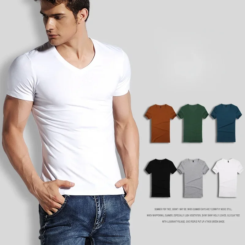 MRMT 2024 Brand New Short-Sleeved T-Shirt Men\'s V-Neck Solid Color White T-Shirt Chicken Heart Collar White Bottoming Shirt Men