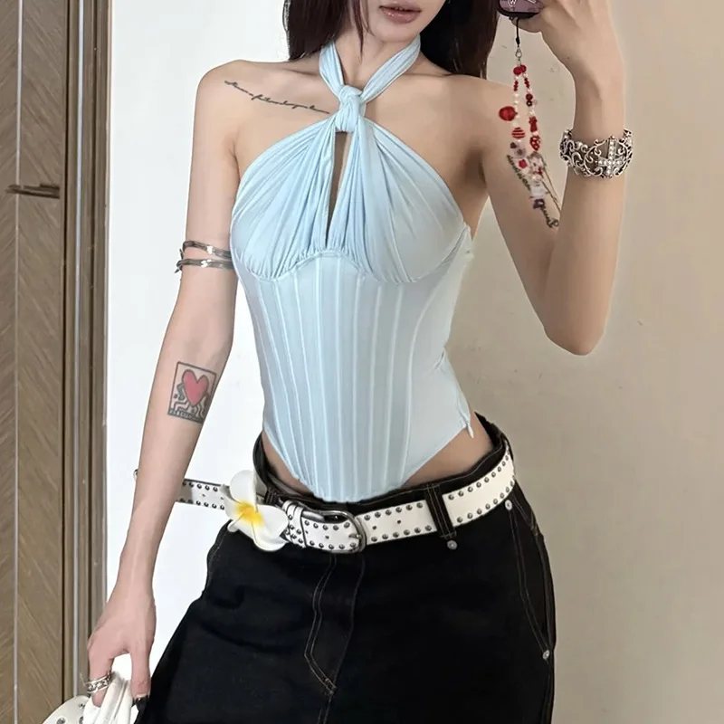 

Cross-Border Sle Summer New Women's Faion Pure Color Sexy Ne Hanging Wrap Chest Vest Thin Knitted Tube Top from China