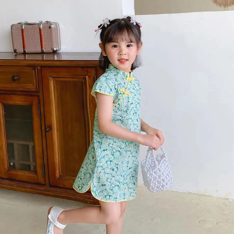 Cheongsam Girls Dress New Summer Children\'s Princess Dress Children\'s Hanfu Girl Baby Short-sleeved Summer Dress Chinoiserie 2-9