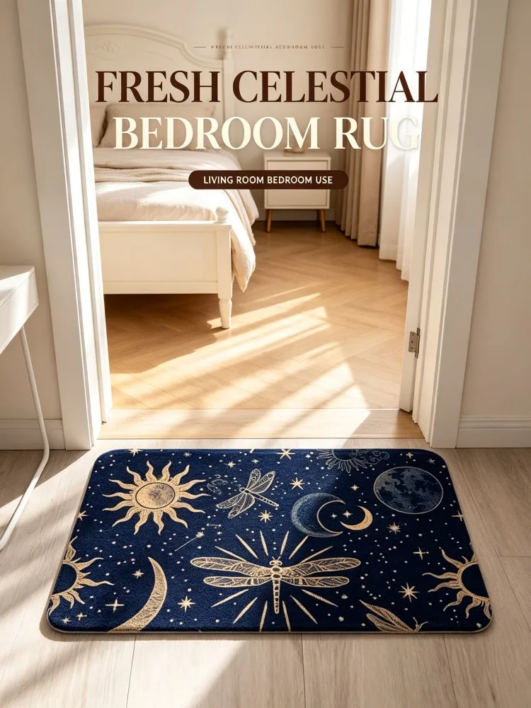 Boho Celestial Dragonfly Area Rug, Sun Moon Star Constellation Print Non Slip Floor Mat, Vintage Mystic Insect Carpet for Bedroo
