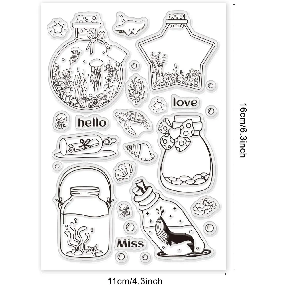 Ocean Theme Wishing Bottle Clear Stamps Jellyfish Whale Seaweed Stamps Silicone Stamp Transparent Stamp for Card Making