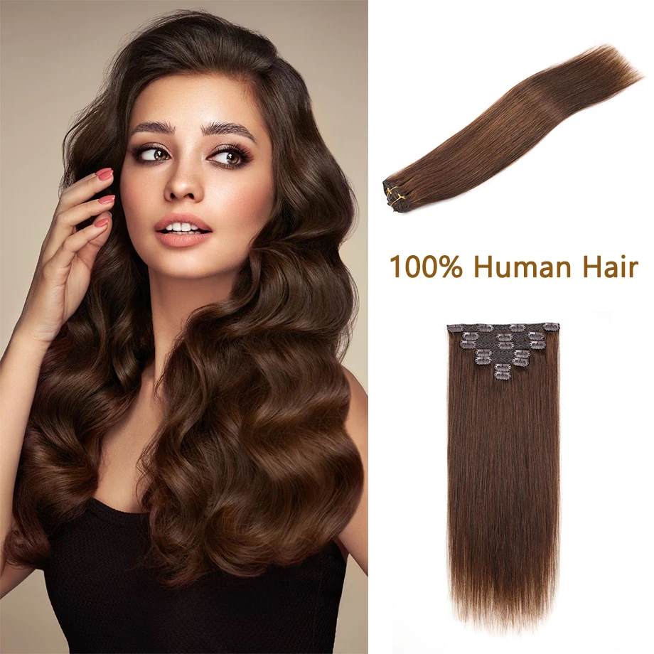 

Clip in Hair Extensions 100% Real Human Hair Remy Hair Soft No Tangling Hair Extension Darkest Brown 7pcs Natural Hair Extension