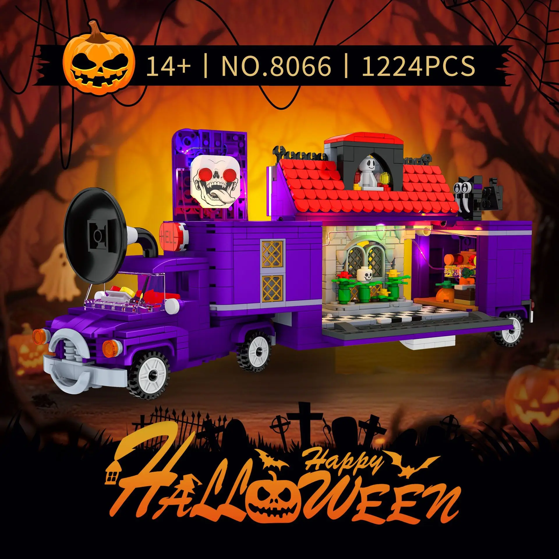 

Halloween Light Up Ghost Food Truck Small Particle Building Blocks Creative Party Favor Gift Toy for Kids