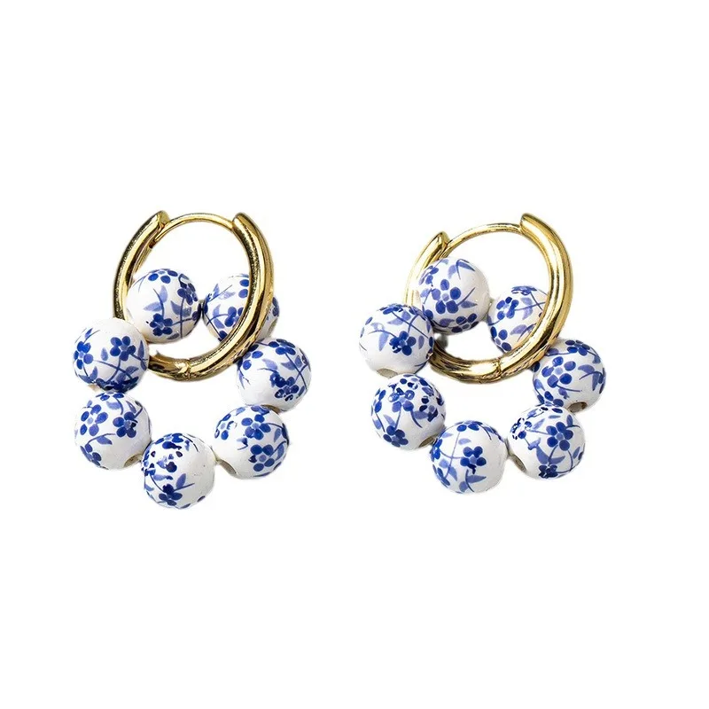 Vintage Geometric Round Ball Blue White Enamel Ceramic Earrings For Women Girls Party Jewelry Gifts Fashion Accessories