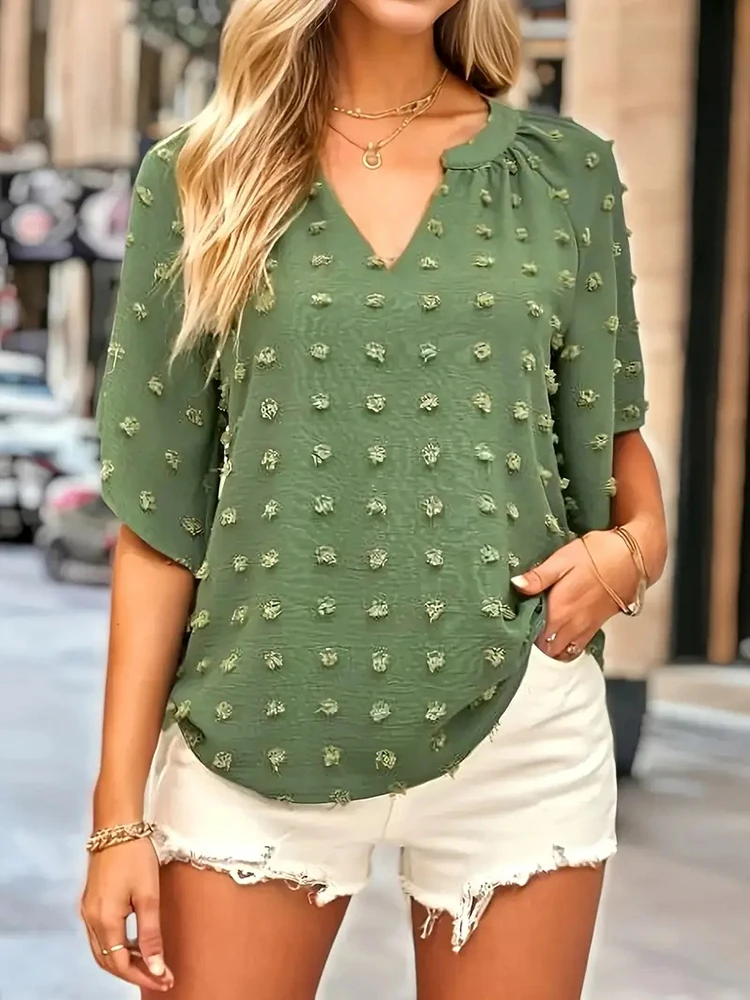 

Mugen Solid Color Blouse V-Neck 2024 Women‘s Clothing For Summer Short Sleeves Casual Green Blouse Loose Swiss Dots Blouse