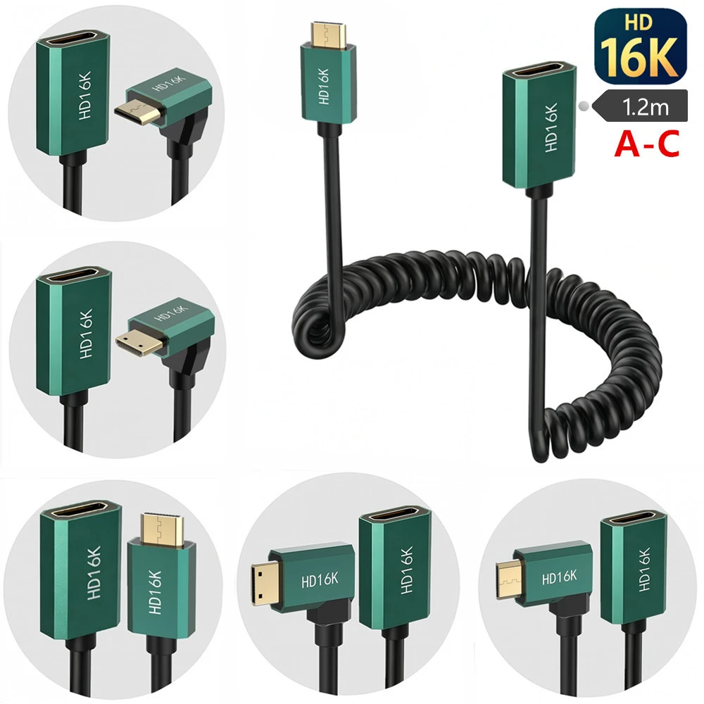16K HDMI Coiled Spring Cable 1.2m Stretchable HDMI to Micro HDMI Male to Male Gold Plated for Camera Monitor Capture Card