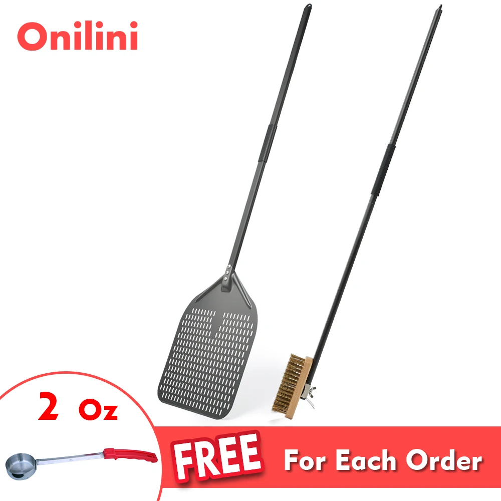 Onilini 12/13/14inch with Brush Hard Anodized Pizza Peel Long Handle Commerical Pizza Oven Cleaning Brush Pizza Oven Accessories