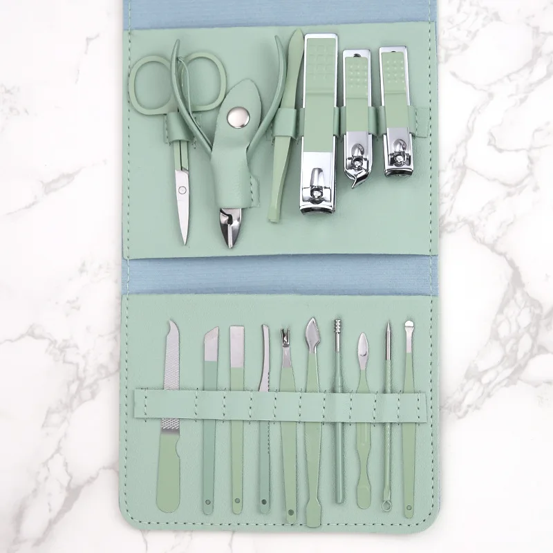16-Piece Set Nail Clippers Green Tea Foldable Bag Nail Scissors Manicure Eyebrow Trimming Tool Set Nail Care Kit