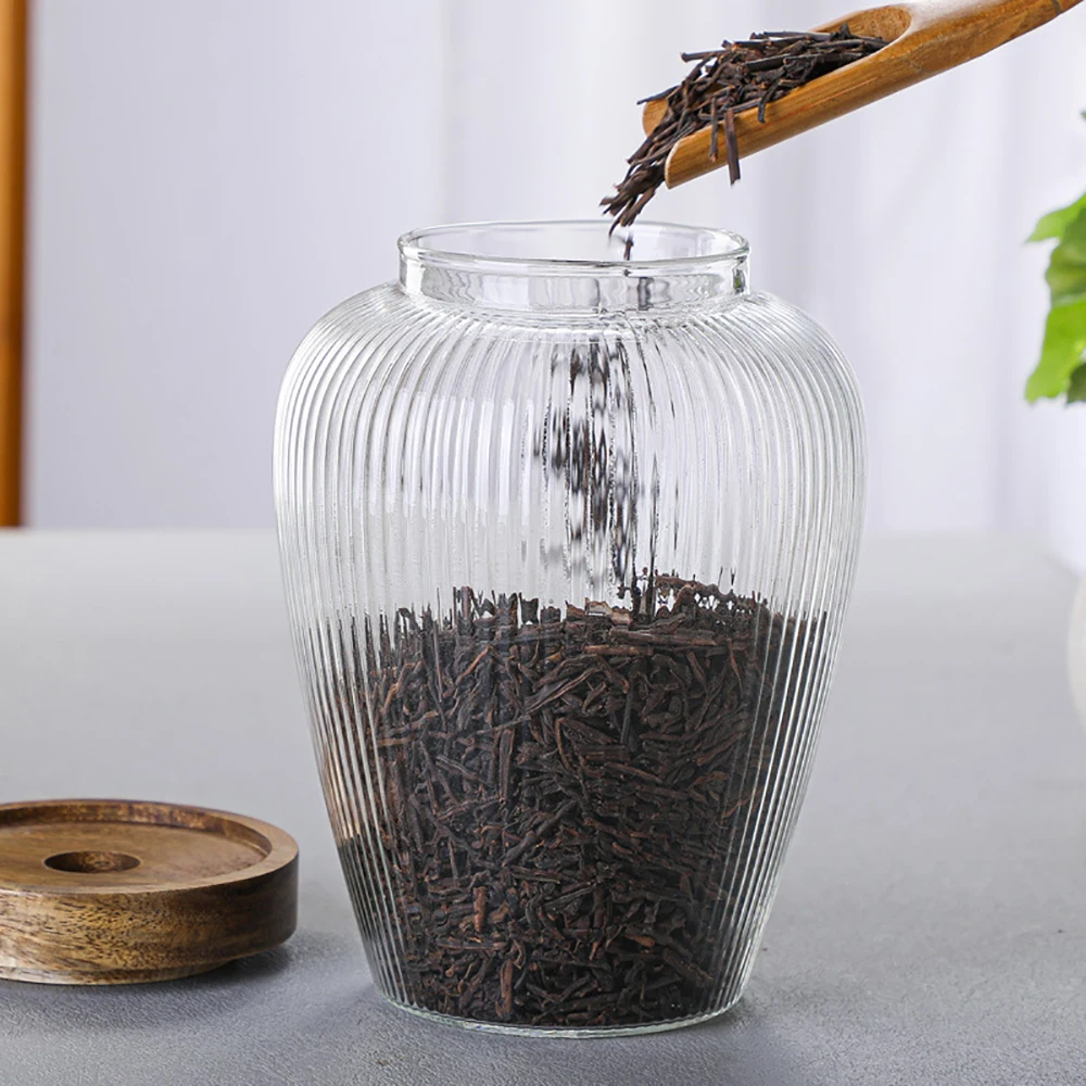 1L Wood Lid Glass Airtight Canister Kitchen Storage Bottles Jar Food Container Grains Pu\'er Tea Can Coffee Beans Candy Jars