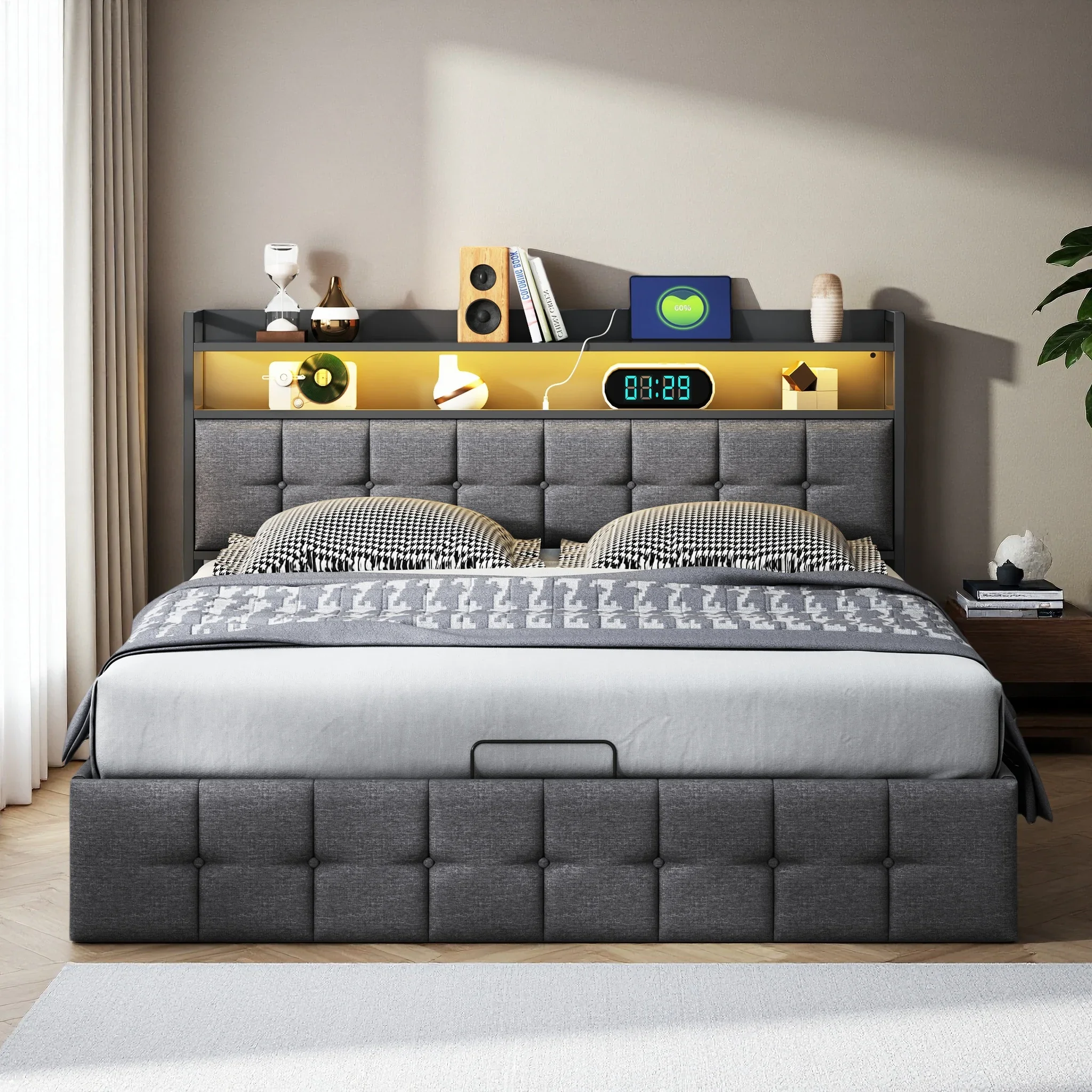Lit rembourré Rosahqnda, lit hydraulique, lit double moderne, tête de lit avec LED et USB, 140/160 x 190/200 cm sans matelas