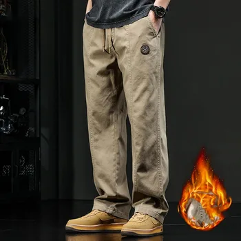 Pantalones Cargo informales rectos con bolsillos de almazuela combinables, Retro, de algodón puro, grueso, elástico, con cordón en la cintura, lisos, para otoño e invierno