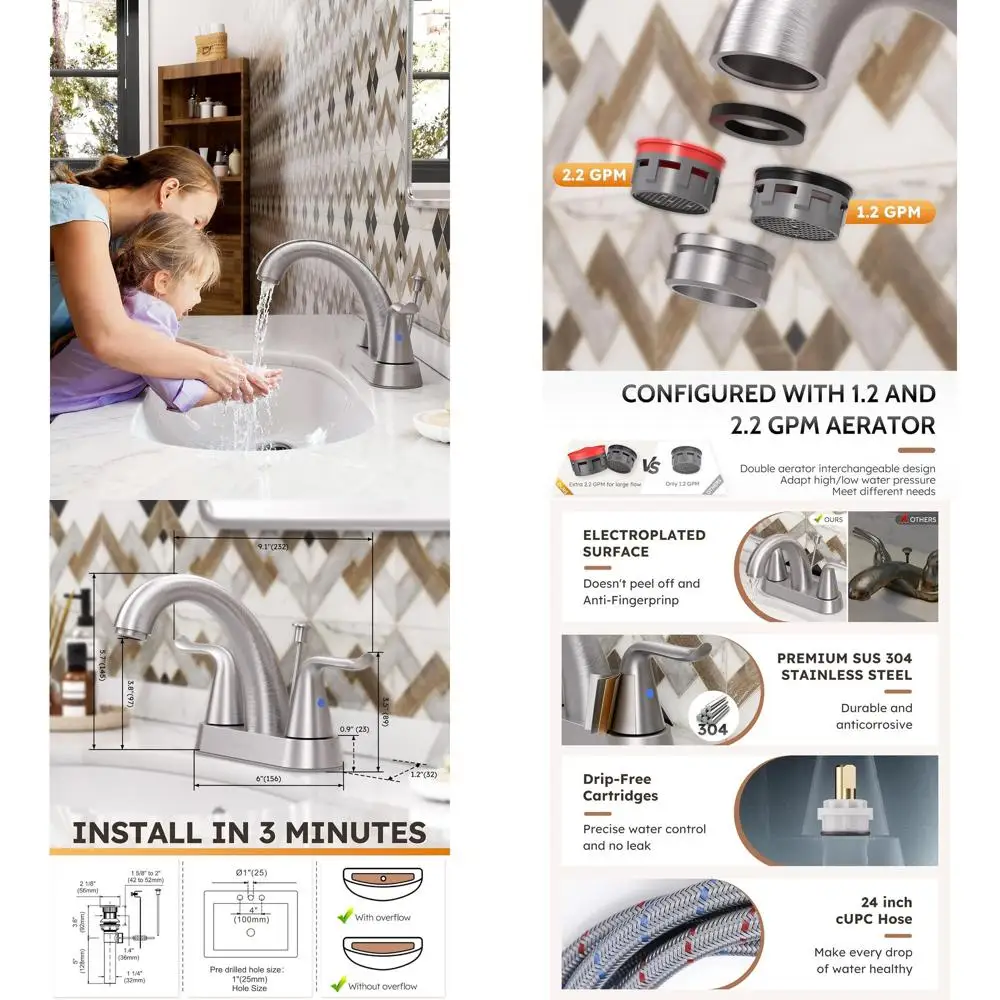 

4 Centerset 2-Handle Brushed Nickel Bathroom Sink Faucet with Lift Rod Drain Stopper, Lead-Free Mixer Tap for Lavatory Vanity