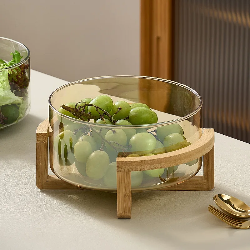 Elegant Glass Fruit Salad Bowl with Wooden Stand Light Luxury Fruit Bowl for Home Restaurant Stylish Glass Snack Tray