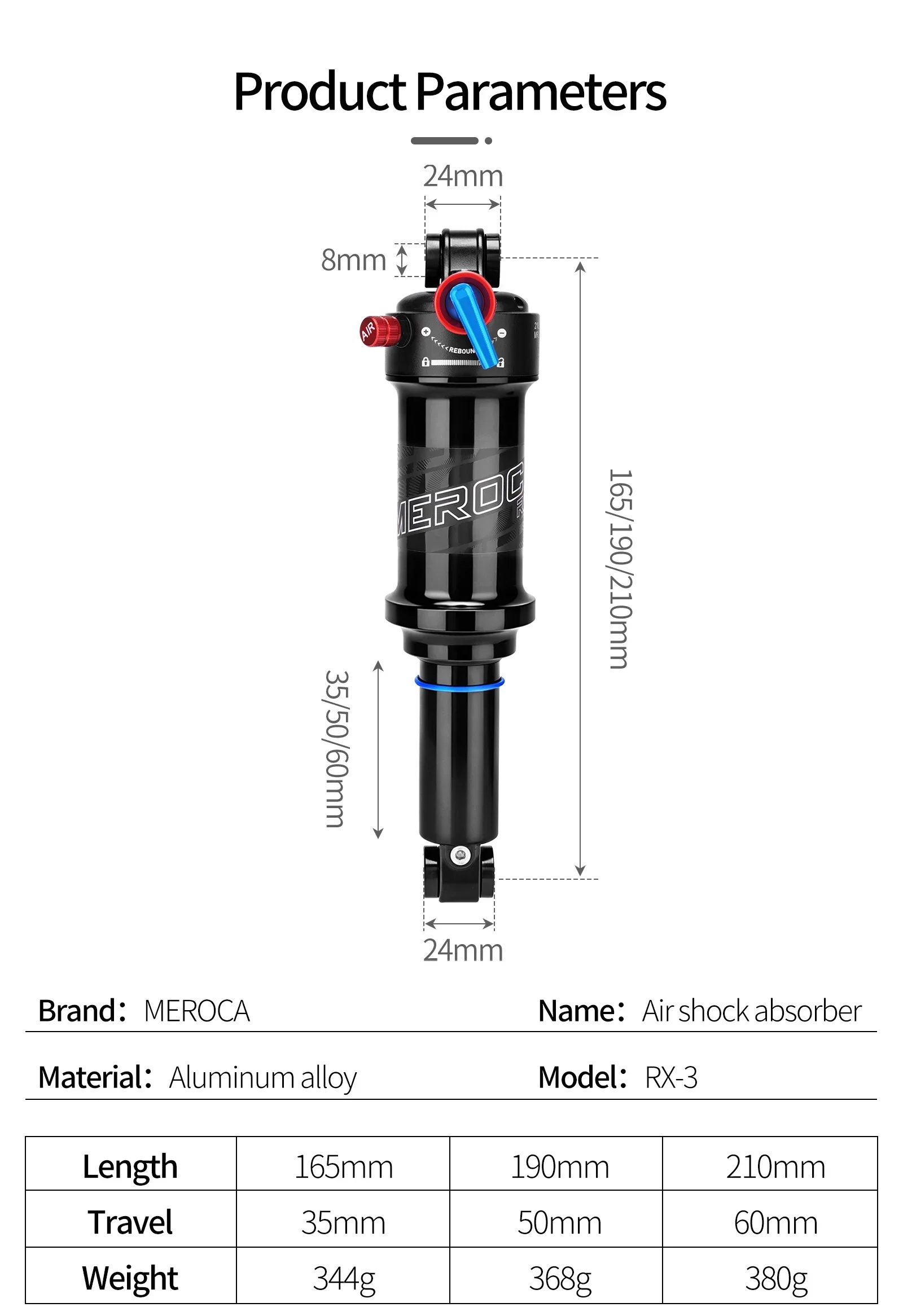 MEROCA RX3 Fahrrad-Luftstoßdämpfer 165/190/210mm Mit Dämpfungs-/Luft-Einstellungs-/Verriegelungsfunktion MTB Hinterer Stoßdämpfer – Detail 2