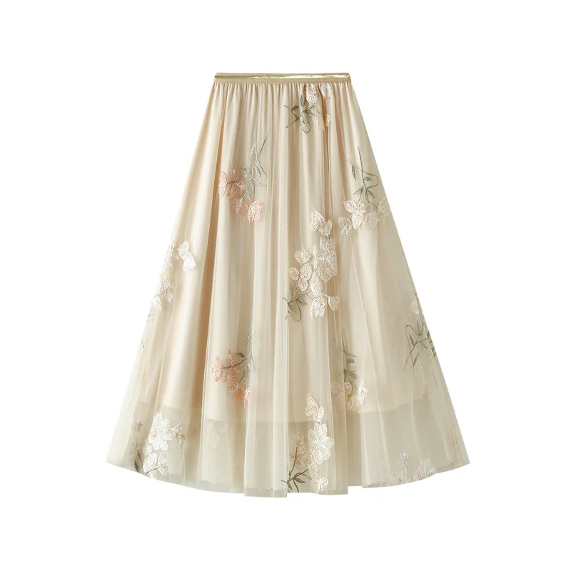 

High Waisted Embroidered Mid Length Skirt with Pleated Princess Skirt, Large Hem, Double-Layer, Summer