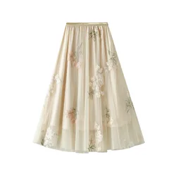 High Waisted Embroidered Mid Length Skirt with Pleated Princess Skirt, Large Hem, Double-Layer, Summer