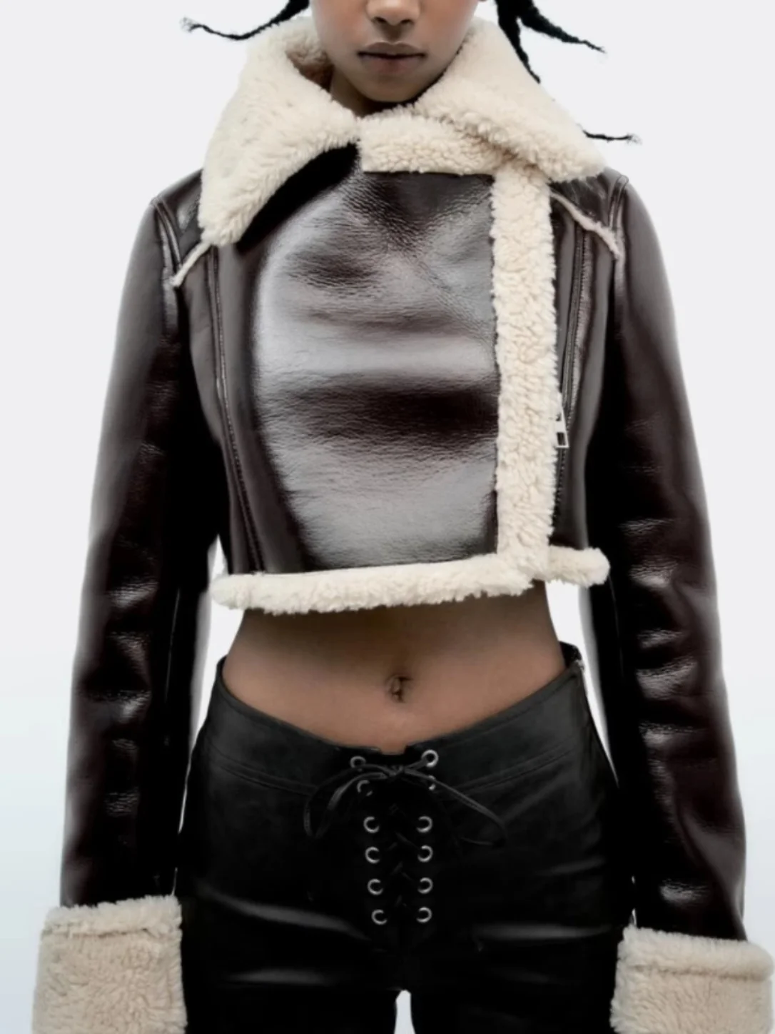 Jaqueta Curta Fena Dupla Face Super ssa de Lã com Efeito Couro Inteado, Estilo Casual de Negócios Quente com Fechame...