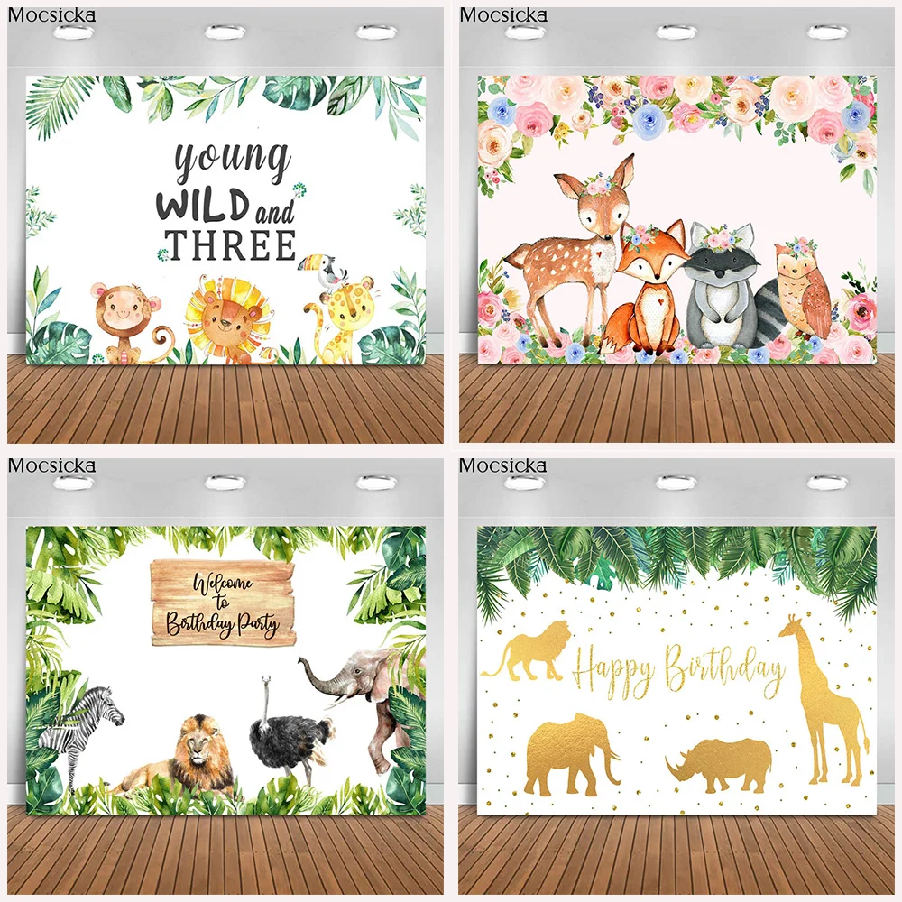 Mocsicka Girl Two Wild Backdrop Jungle Safari Animals 2nd Birthday Photography Background Cake Dessert Table Decor Banner