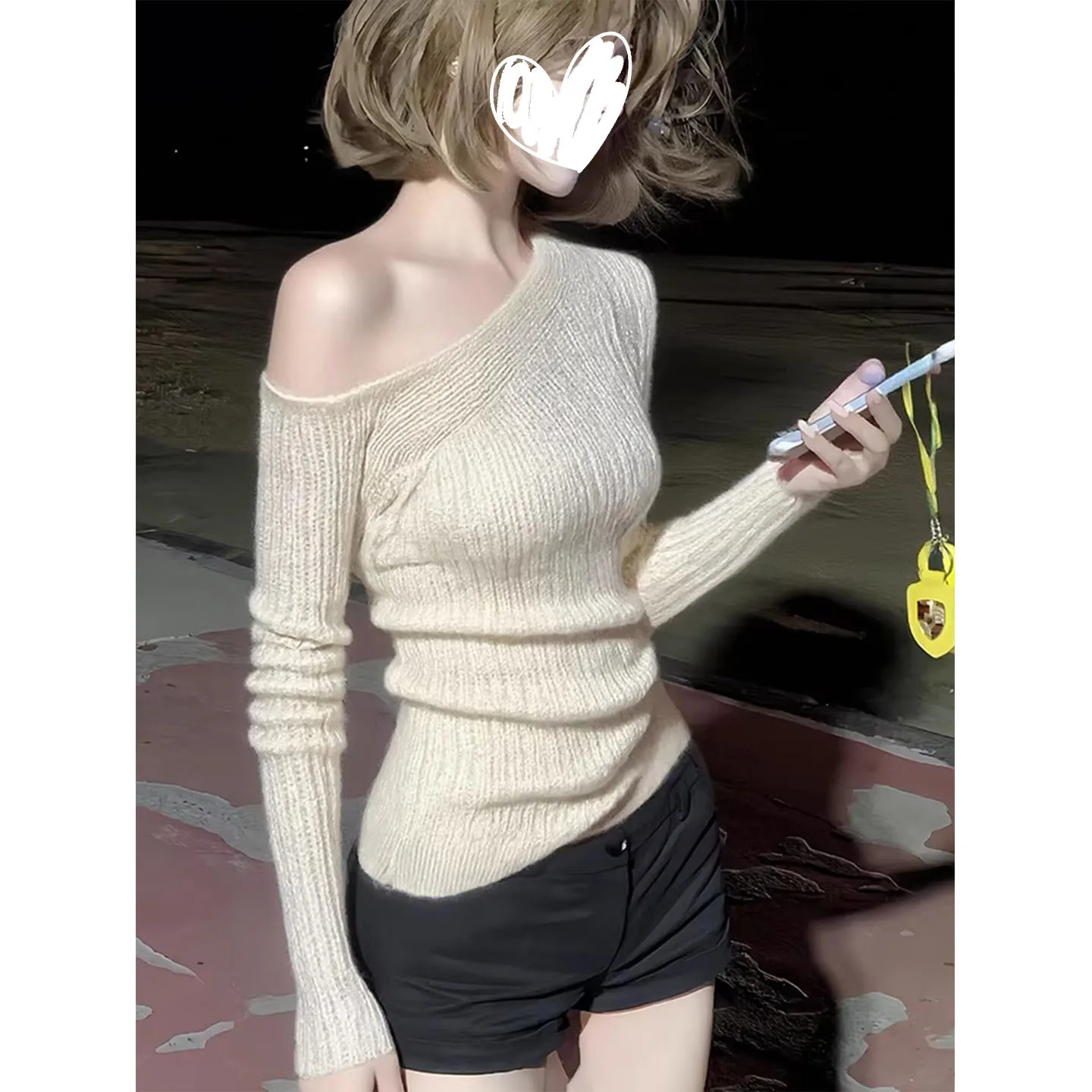 Elegant Unique Beautiful Shoulder Bared Knitwear Base Layer Fashionable  Women's Spring Style Inner Wear Polyester Fiber