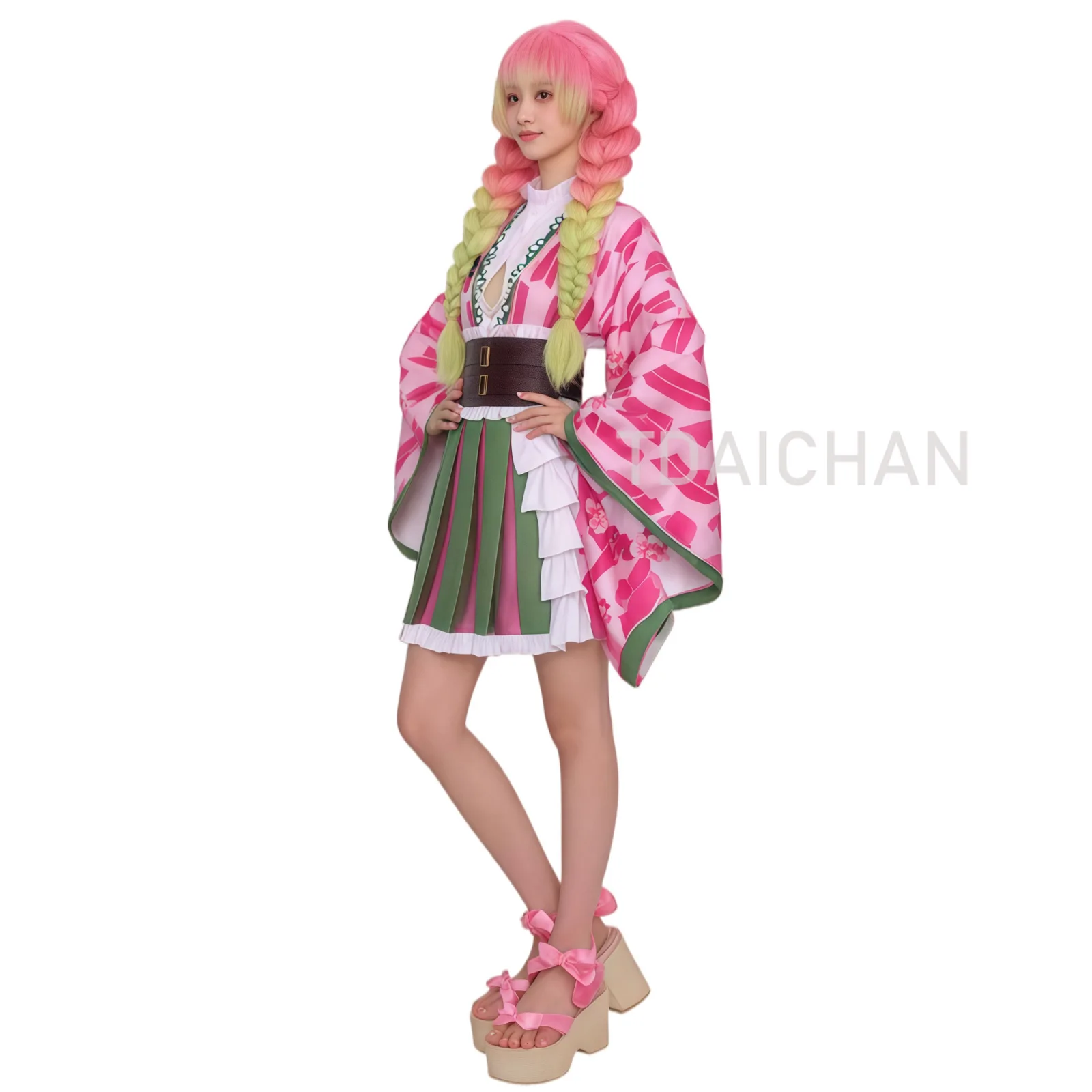 Anime Kanroji Mitsuri Cosplay Costume Wig Pink Green Gradient 3-Braid Hair 5th Anniversary Demon Accessory Halloween Free Wigcap view 4