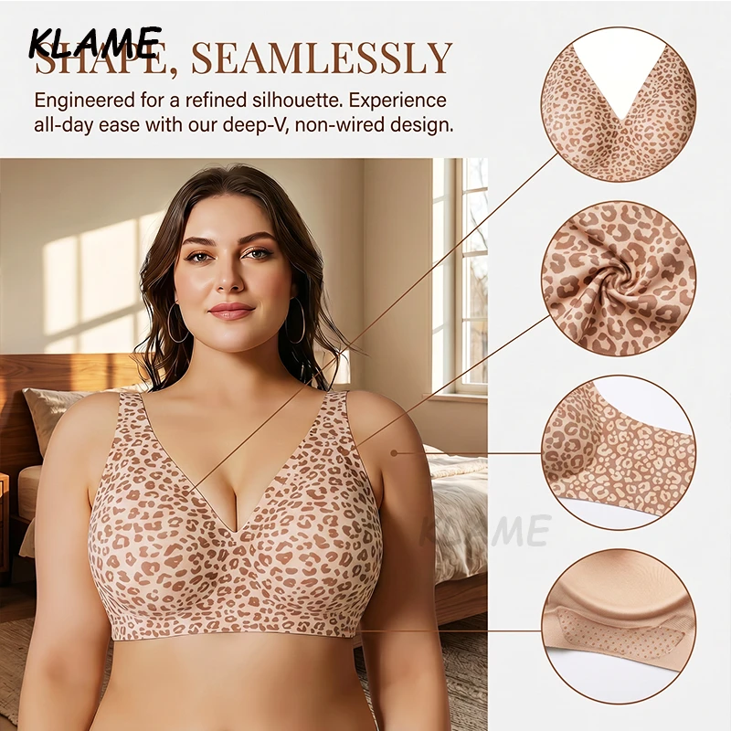 KLAME S-3XL Plus Size Women's Leopard Print Wire-free Push-up Deep V-neck Seamless Jelly Bra KLM1658