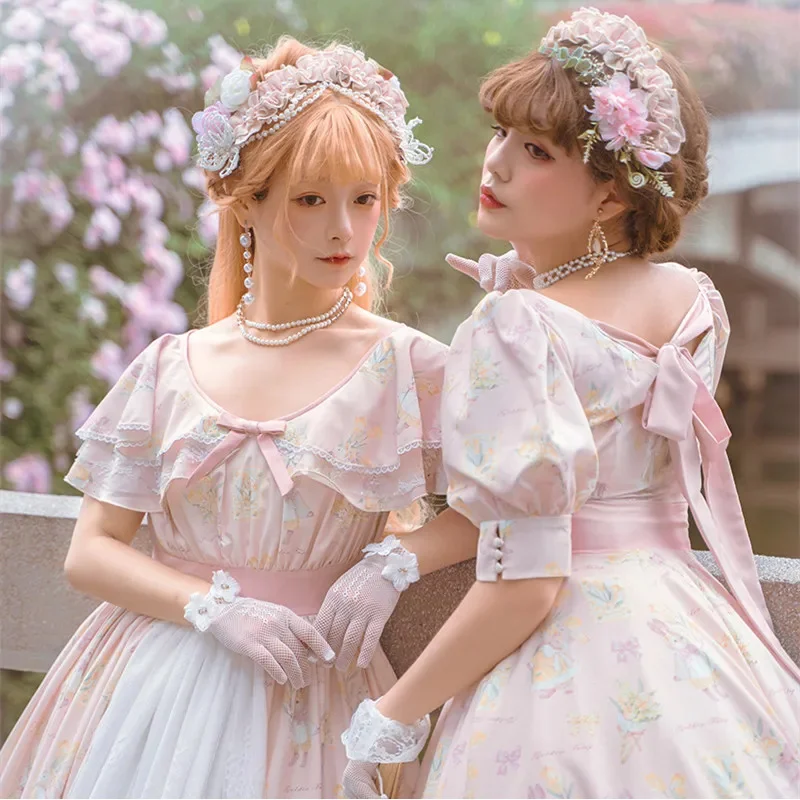 Vestido Lolita JSK para mulheres, coelho e poema de amor, doce lindo vestido francês, OP Cosplay, vestidos de mangas curtas para meninas, gótico