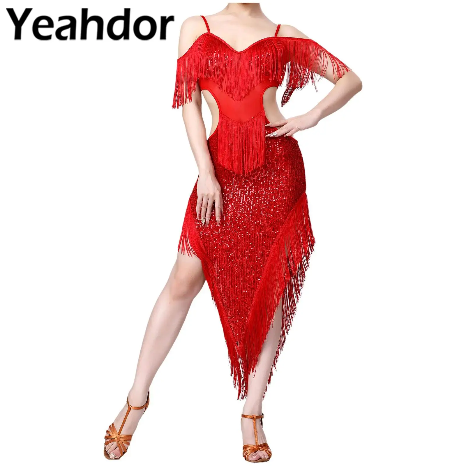 Women Cocktail Party Dress Cutout Sparkling Sequins Evening Gown Latin Dance Costume Robe De Soiree Sexy Irregular Fringed Dress