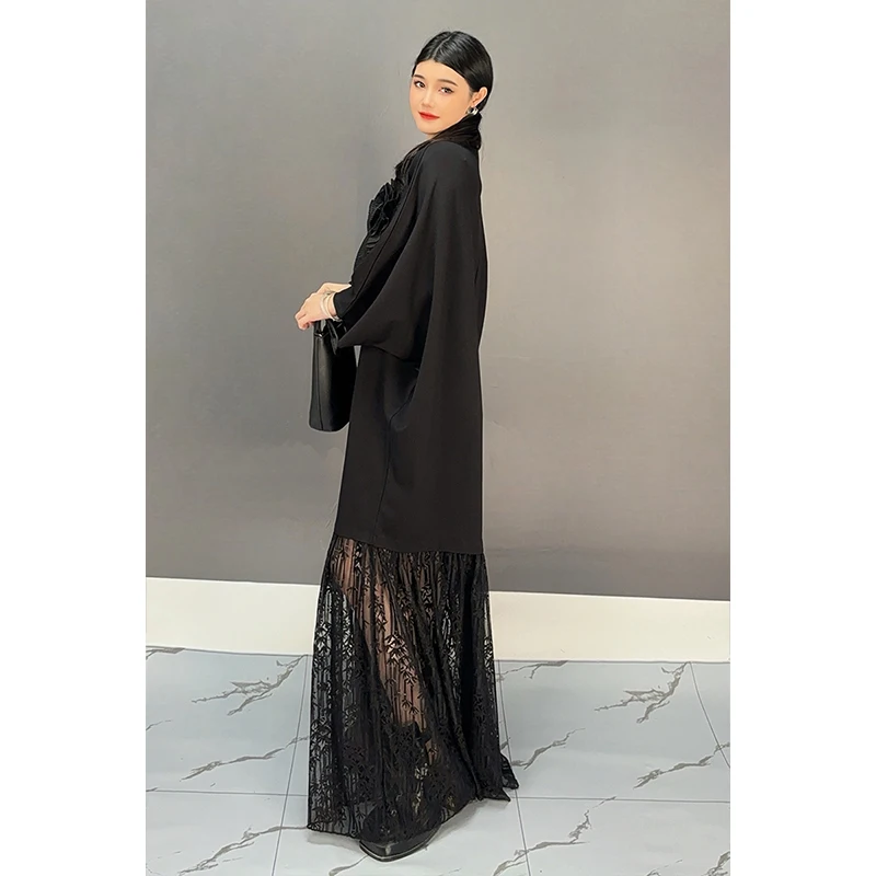 2024 Autumn New Elegant Black Patchwork Flower Loose Long Dress Women Fashion Long Sleeve Lace Dress Wholesale J500