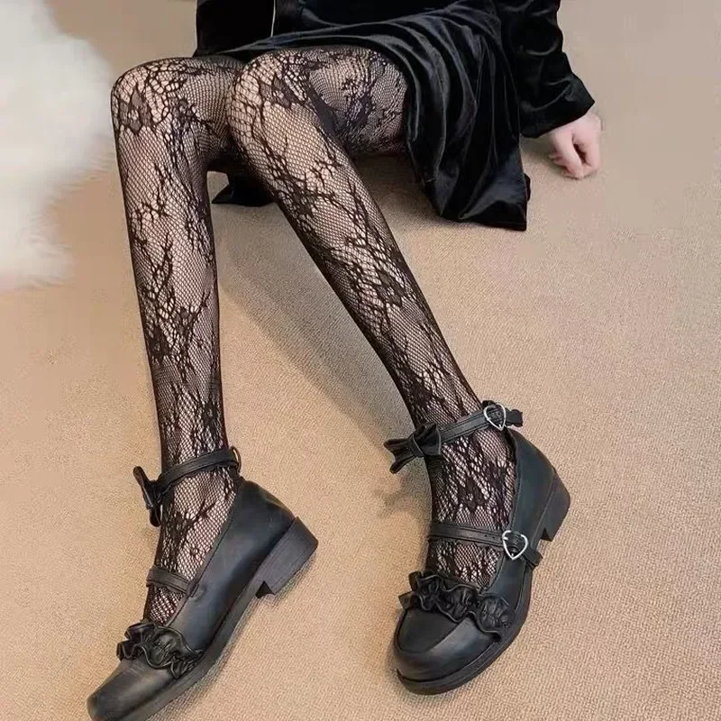 Women Sexy Black White Lolita Hollowed Lace Mesh Stockings Bottomed Pantyhose Japanese Goth Floral Rattan Hot Classic Tights